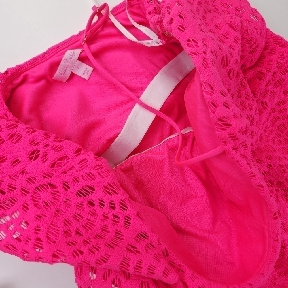 Like New Lilly Pulitzer Pink Eyelet One Shoulder Dress Sz 6 Barbiecore - Picture 6 of 11